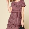 Stretchy Stripe Mini Dress: Ribbed Knit Round Neck