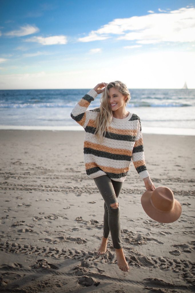 Heart Chenille Knit Sweater: Striped Color Block Cozy
