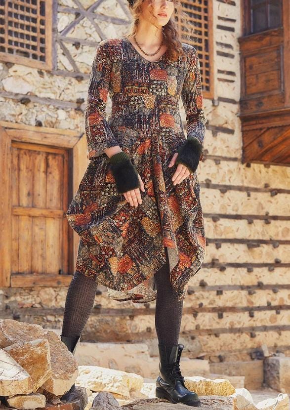 V Neck Boho Long Sleeve Asymmetric Dress With V Neck Boho Long Sleeve Asymmetric Dress With