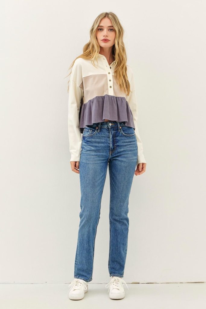 Colorblock Tiered Cotton Blend Top Ruffle Flare Long